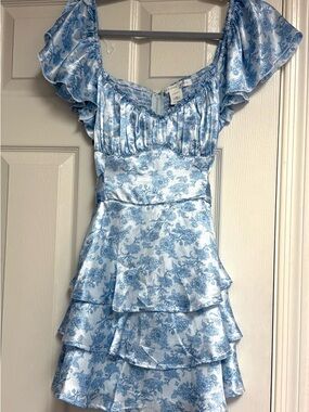 Altar’d state size L new Light Blue Floral Satin Ruffle Mini Dress can fit M
